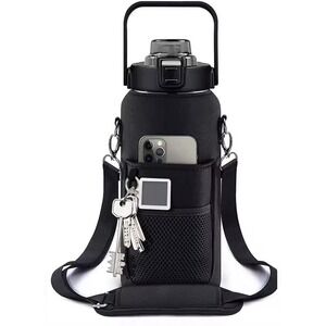 64oz Half Gallon Water Bottle Black with‎ Sleeve, Time Marker and Straw